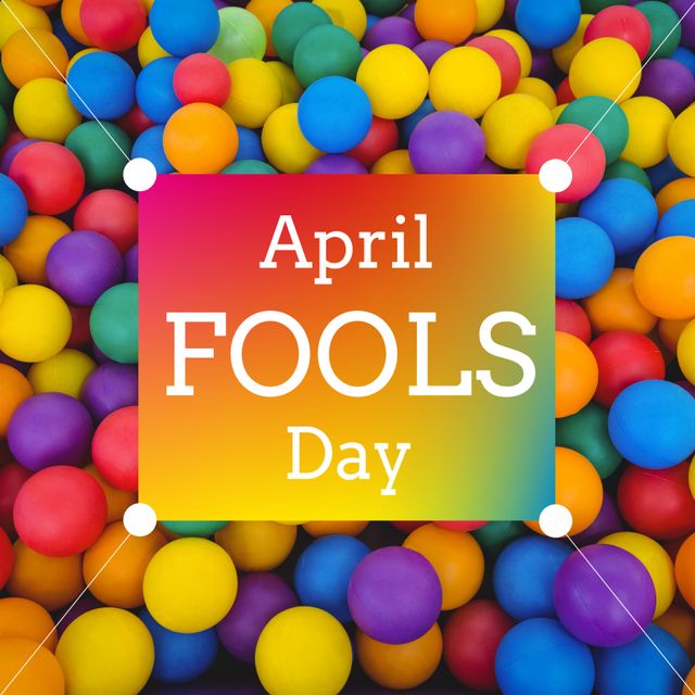 Perfect for social media posts, greeting cards, and holiday announcements, this vibrant design features a playful array of colorful balls surrounding 'April Fools Day' text. Ideal for spreading joy, humor, and a festive atmosphere.