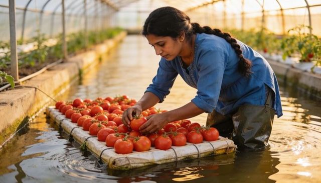 Indian woman harvesting tomatoes on floating raft in greenhouse hydroponic system