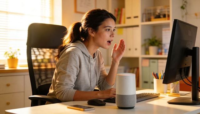 Young woman speaking to smart speaker while working at home desk, remote work lifestyle