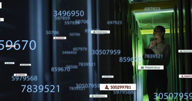 A network administrator standing amidst server racks in a dimly lit data center, reviewing real-time data visualizations and codes. Concepts include cybersecurity, data management, IT operations, and digital infrastructure maintenance. Ideal for content related to technology, network security, and server management.