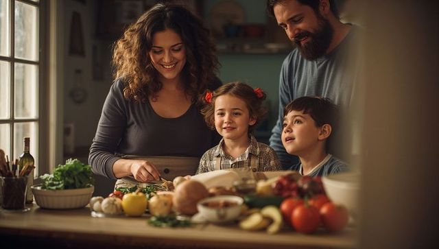 Cozy family cooking in sunlit kitchen, parents and kids preparing healthy home-cooked meal