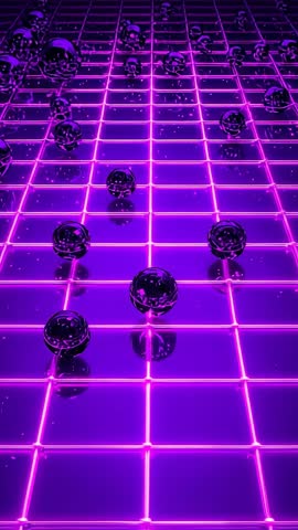 Spawning Reflective Spheres Descending on Neon Purple Grid Futuristic Vertical Loop