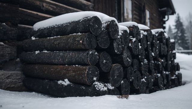 Stacked weathered logs resting against rustic cabin covered in snow