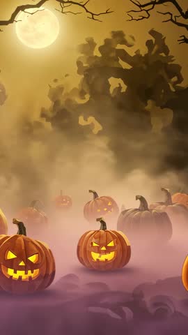 Moon Rising Swirling Fog Pumpkin Patch Jack-o'-Lanterns Glowing Vertical Halloween Video