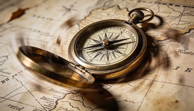Antique brass pocket compass resting on sepia nautical map with hinged lid