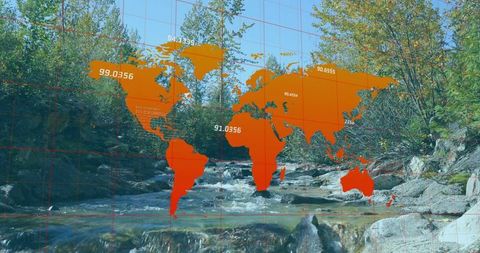 Overlay of world map on forested creek scene