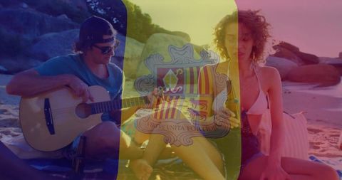 Friends Enjoying Beach Leisure with Guitar and Drinks