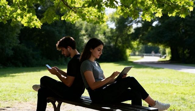 Young couple back-to-back using tablet and smartphone on shaded park bench