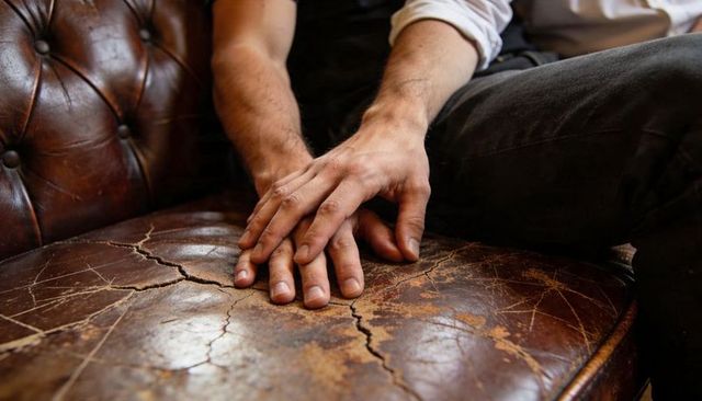 Resting male hands pressing on worn cracked leather sofa cushion with rolled sleeves