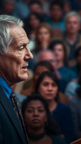 Close-up Profile Senior Speaker Delivering Formal Lecture to Engaged Audience Vertical Video