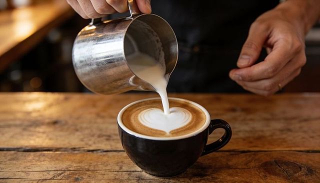 Barista pouring heart latte art in black cup on rustic wood counter espresso close-up