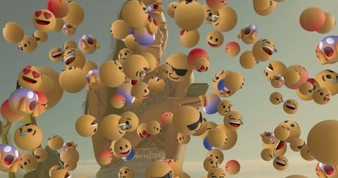 Woman Using Smartphone Surrounded by Floating Emojis on Beach