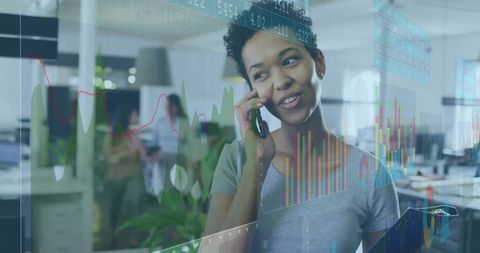 Businesswoman Using Smartphone in Office with Financial Data Overlay