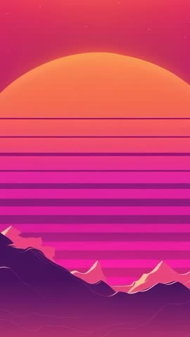 Vertical Retro Sunset Animation Showing Half Sun Hovering Above Stylized Mountains