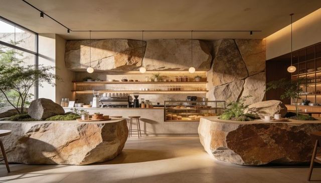 Sunlit café featuring natural stone planter islands, concrete coffee bar and pastry display