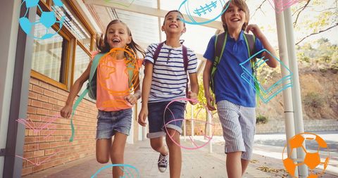 Happy Schoolchildren Running with Playful Icons - Download Free Stock Images Pikwizard.com