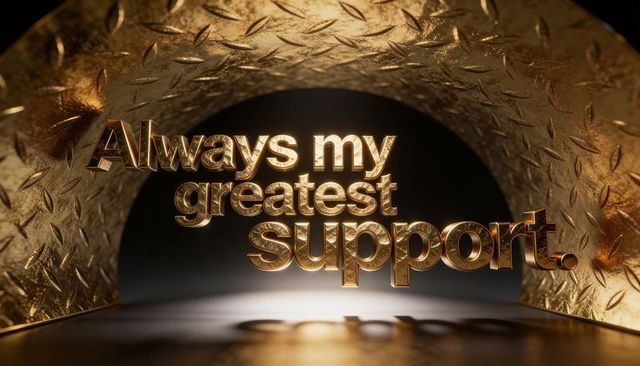Gold 3d typography reading 'always my greatest support' reflecting warm light on diamond plate arch