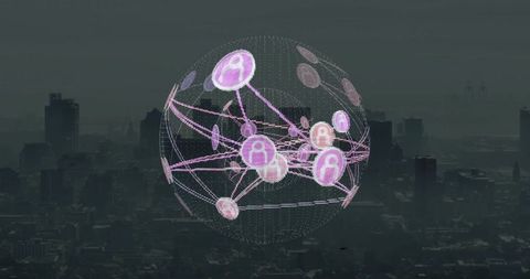 Holographic global network sphere hovering over city skyline with neon nodes and profiles