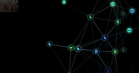 Digital network connections with technology icons on black background