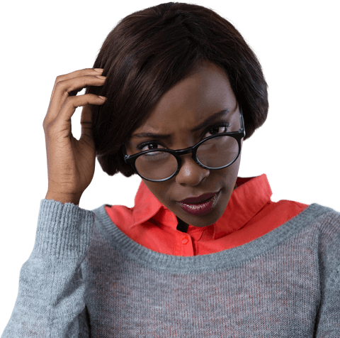Transparent background woman adjusting glasses curiously
