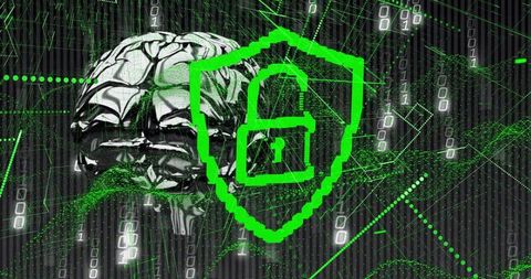 Futuristic Cybersecurity Concept with Metallic Brain and Digital Padlock