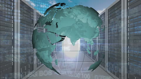 Digital Globe and Data Overlay in Modern Server Room