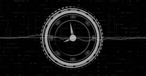 Monochrome Futuristic HUD Clock Interface Rotating Radial Rings Hub Hands Waveform Data