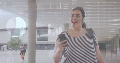 Joyful Woman in Headphones Analyzing Digital Financial Data