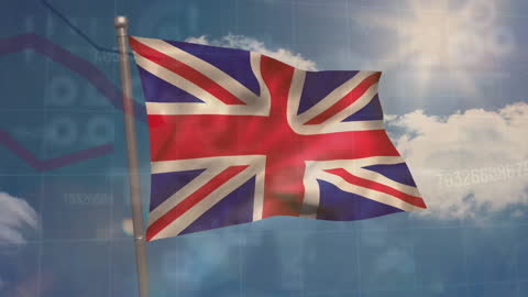 UK Flag Waving in Blue Sky with Weaving Data Assessment Concept