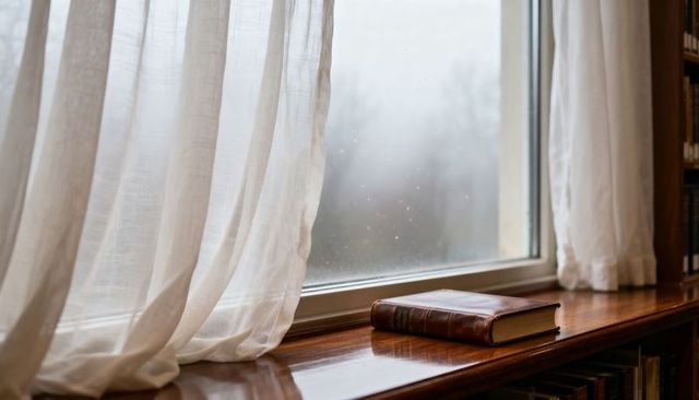 Resting leather-bound book on wooden windowsill with curtains and rain-speckled glass