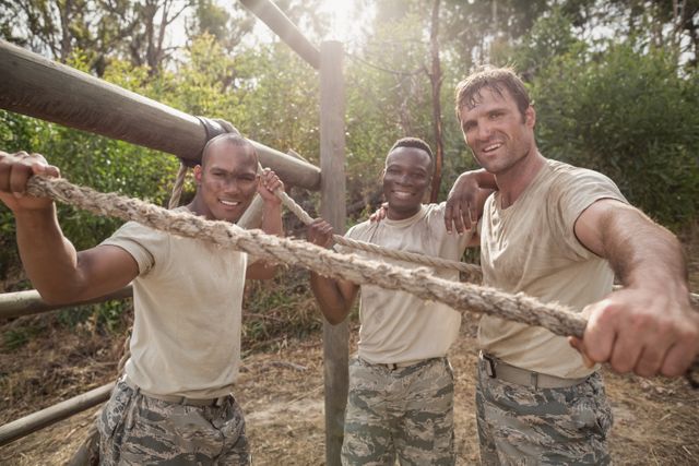 Three military soldiers are smiling and posing during an obstacle training session at a boot camp. They are dressed in uniforms and appear to be enjoying the camaraderie and teamwork involved in the training. This image can be used for articles or advertisements related to military training, teamwork, fitness, and motivation.