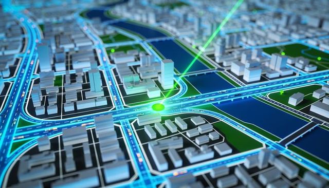 Neon smart city traffic network map highlighting connected highway junction and data node