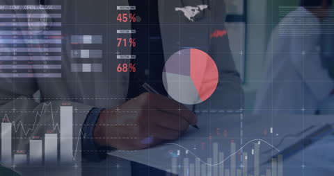 Doctor Analyzing Financial Data with Digital Interface Overlay