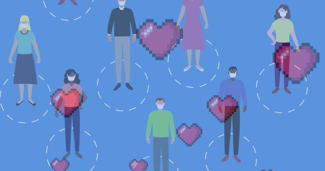 People Wearing Masks and Social Distancing with Floating Digitized Hearts - Download Free Stock Images Pikwizard.com