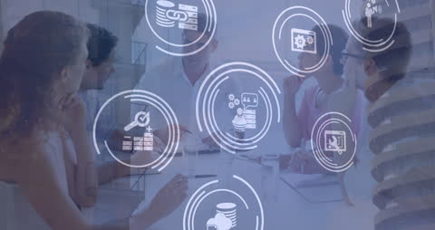 Diverse Business Team with Financial Icons Overlay