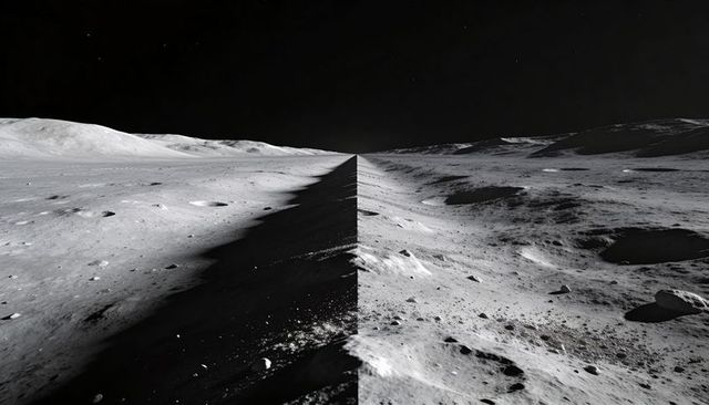 Lunar plain splitting along narrow seam running to horizon, stark monochrome symmetry