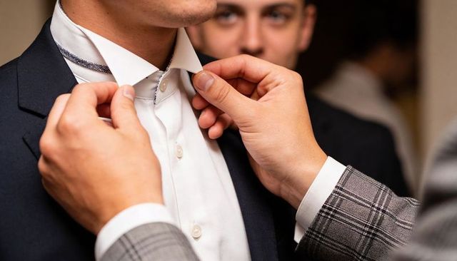 Hands adjusting groom collar and tie closeup during wedding preparation in navy suit detail