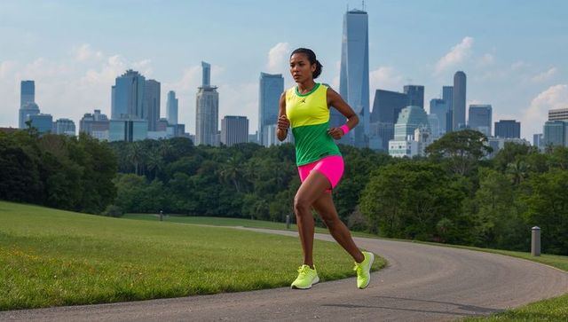 Energetic Woman Jogging in Vibrant Sportswear Through Park
