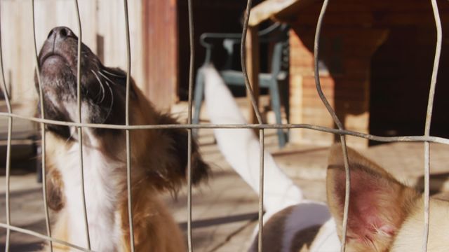 Rescued dogs looking through the fence with wagging tails on a sunny day, perfect for illustrating animal rescue, shelter life or pet adoption websites. Suitable for use in campaigns promoting animal welfare or dog adoption.