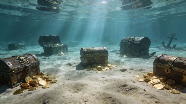 Sunlit underwater pirate treasure chests glinting on sandy seabed with scattered gold coins