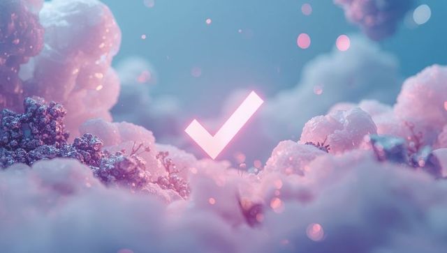 Glowing checkmark among futuristic ethereal clouds