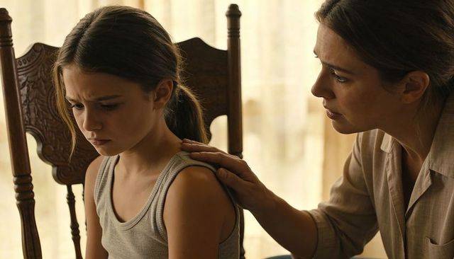 Mother comforting worried daughter on carved chair, backlit intimate family moment