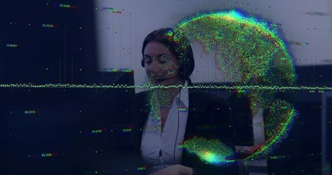 Glitched Customer Service Agent Speaking with Digital Data Visualization Overlay