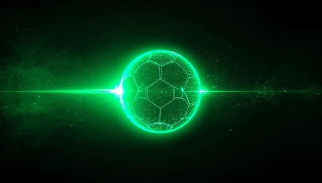 Glowing neon green holographic orb with polygonal soccer-pattern floating in void