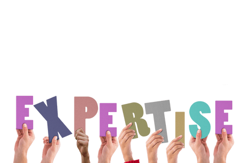 Transparent hands holding colorful word expertise