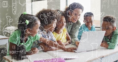 Teacher engaging diverse students with chemistry via laptop