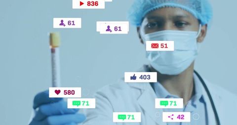 Scientist holding blood sample in lab with social media alerts overlay