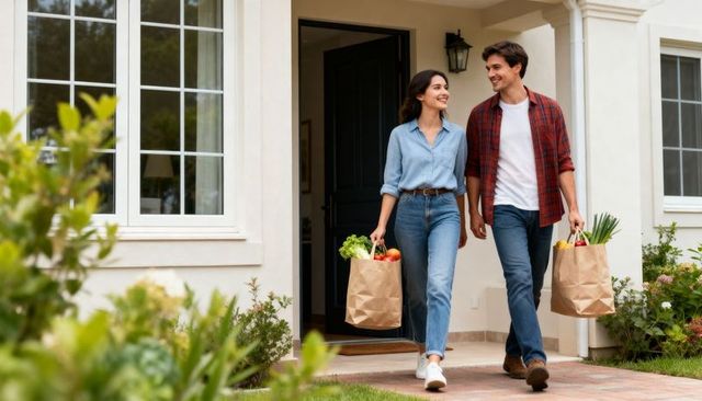 Young couple walking out of suburban home carrying fresh groceries, smiling