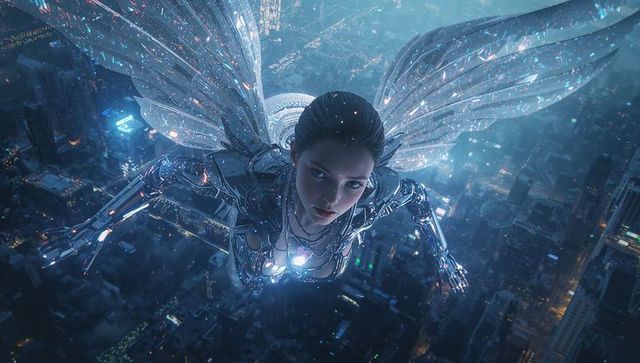 Futuristic female cyborg in flight over stunning neon metropolis