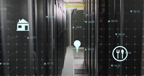 Digital Interface and Icons Overlay in Data Center Aisle - Download Free Stock Images Pikwizard.com
